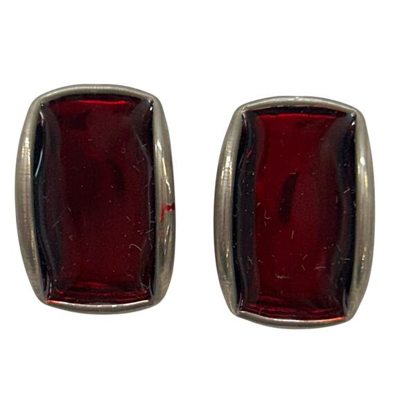 Vintage Fashion Earrings Post Pierced Red Silvertone 1 Inch - Picture 4 of 7